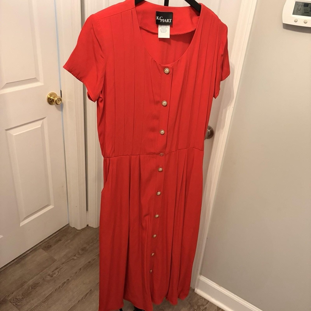 Vintage KC Hart‎ Red Midi Dress Pintuck Button Front Belt 90s Retro Cottagecore
